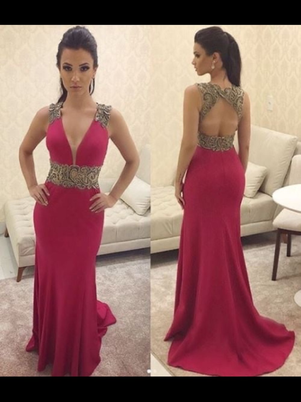 Camille La Vie Fuchsia Gown with Gold Embroidered Accents